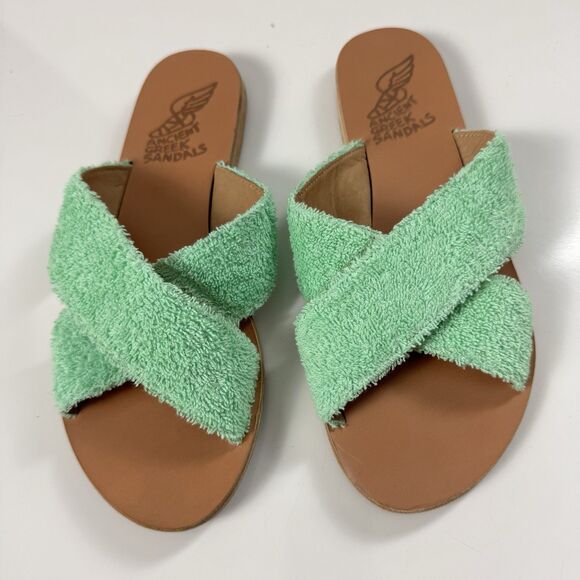 Ancient Greek Thais Terry Slide Sherpa Sandals Womens 41 US 10.5-11 Aqua Green - Picture 1 of 10